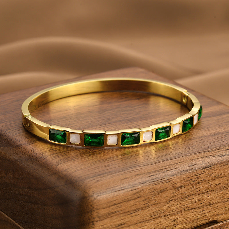 Emerald Diamond White Shell Titanium Steel Bracelet For Women