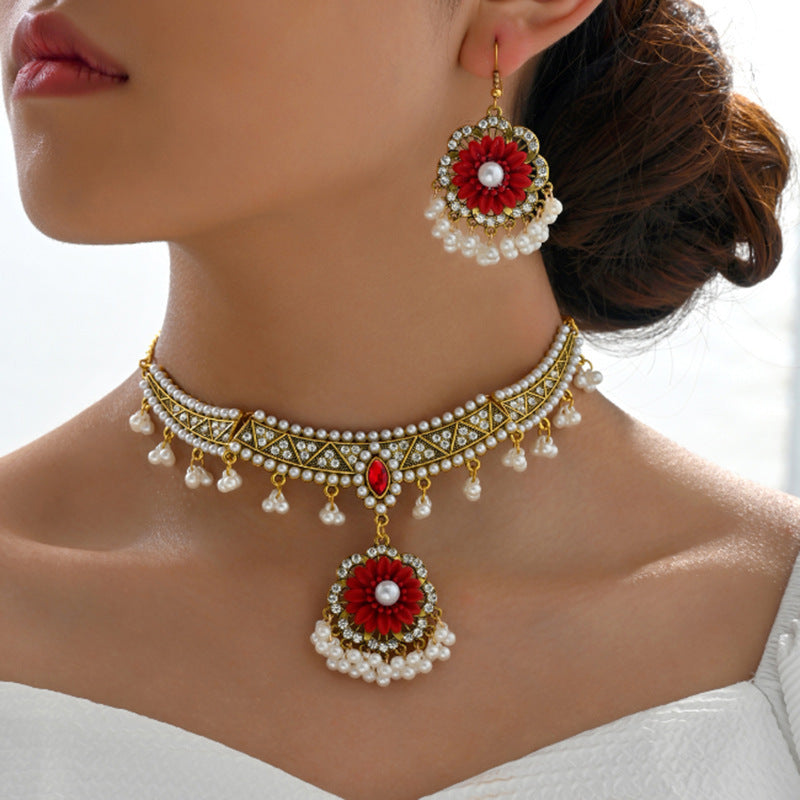 Ethnic-style Pearl Flower Necklace And Earrings Set